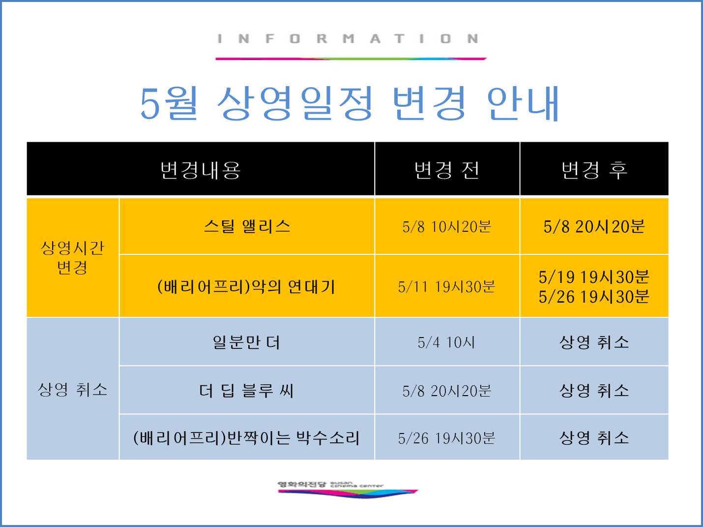 5월 상영일정 변경안내문