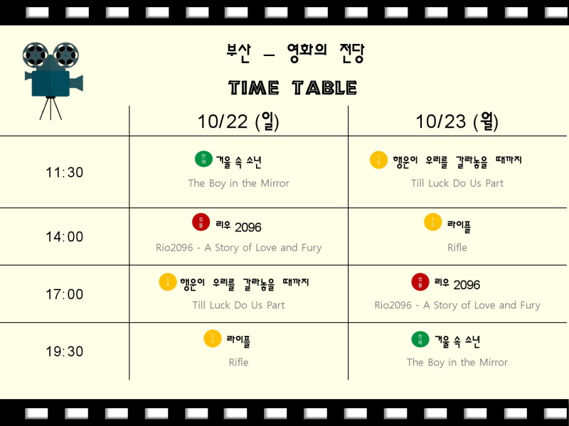 브라질영화제 상영시간표 10.22(일) 11:30 거울 속 소년(전체) 14:00 리우 2096(청불) 17:00 행운이 우리를 갈라놓을 때까지(15) 19:30 라이플(15) 10.23(월) 11:30 행운이 우리를 갈라 놓을 때까지(15) 14:00 라이플(15) 17:00 리우 2096(청불) 19:30 거울 속 소년(전체)