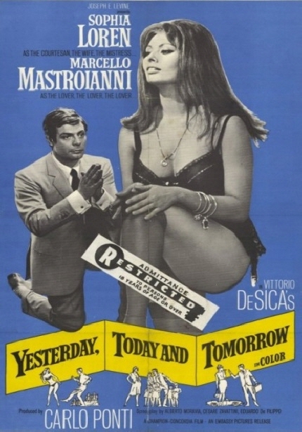 SOPHIA LOREN AS THE COURTESAN THE WIFE THE MISTRESS MARCELLO MASTROIANNI AS THE LOVER THE LOVER THE LOVER VITTORIO DESICA'S YESTERDAY, TODAY AND TOMORROW COLOR CARLO PONTI