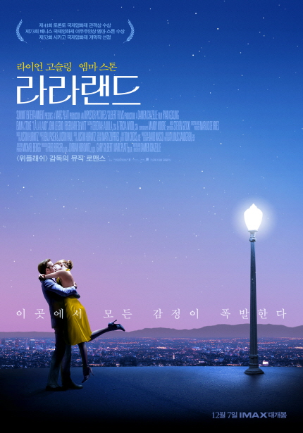 제41회 토론토 국제여화제 관객상 수상 제73회 베니스 국제영화제 여우주연상 엠마 스톤 수상 제52회 시카고 국제영화제 개막작 선정 라이언 고슬링 엠마 스톤 라라랜드 <위플래쉬> 감독의 뮤직 로맨스|이곳에서 모든 감적이 폭발한다. 12월 7일 IMAX 대개봉